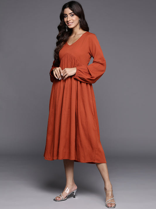 Varanga Women Rust V-Neck, Bishop Sleeves, Gathered Details  Calf Length A-Line Dress, Flared Hem