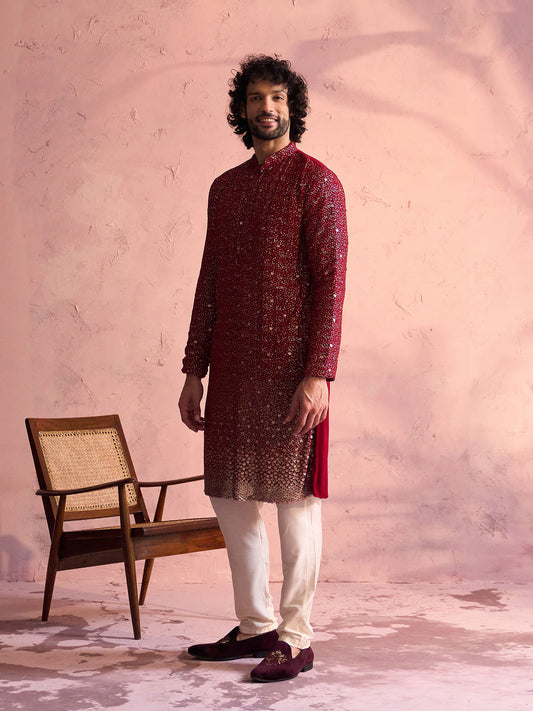 Men's Maroon And Cream Georgette Kurta Pyjama Set