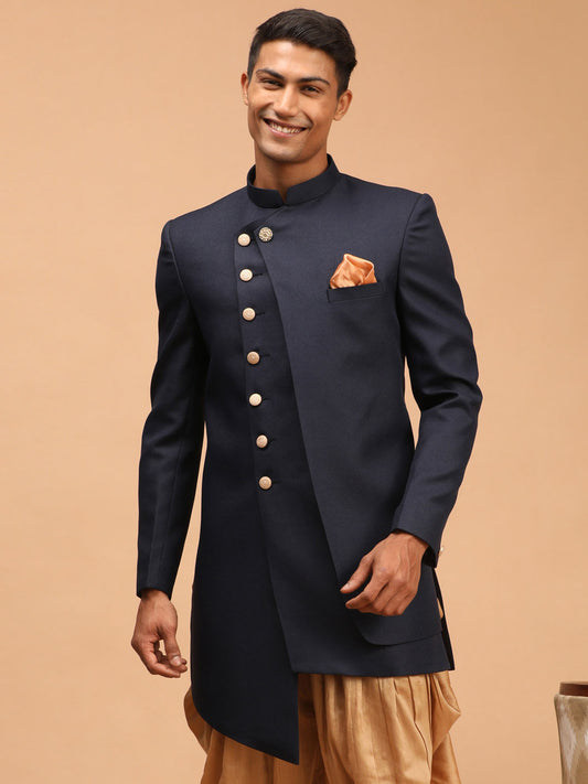 Men's Navy Blue Cotton Blend Sherwani Only Top