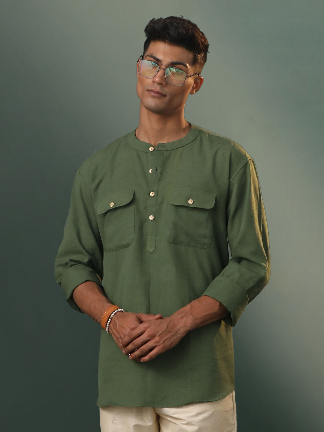 Men's Mehandi Cotton Short Kurta