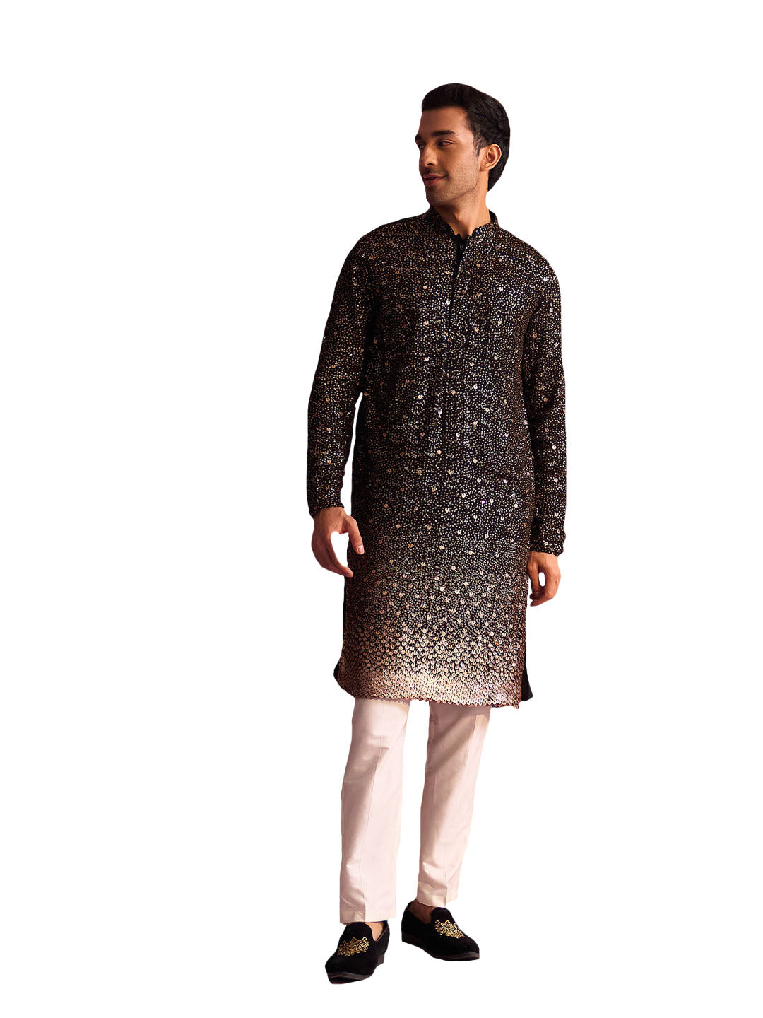 Men's Black And Cream Georgette Kurta Pyjama Set