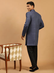 Men's Navy Blue And Black Silk Blend Sherwani Set