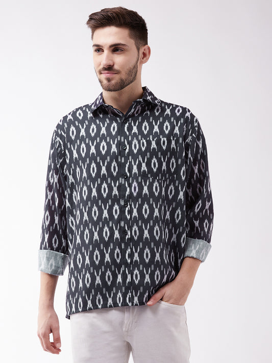 Men's Black Cotton Blend Ethnic Shirt