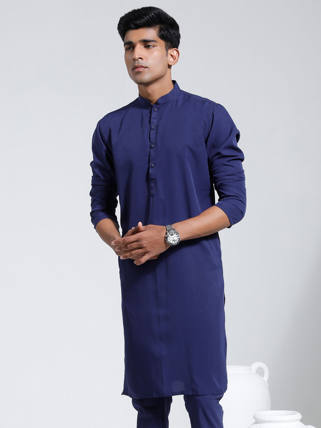 Men's Navy Blue Crepe Kurta