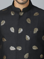 Men's Black Cotton Blend Jacket, Kurta and Pyjama Set