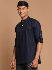 Men's Navy Blue Cotton Blend Short Kurta