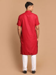 Men's Maroon And White Cotton Blend Kurta Pyjama Set