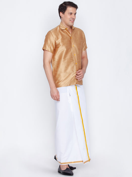 Men's Rose Gold and White Silk Blend Shirt And Mundu