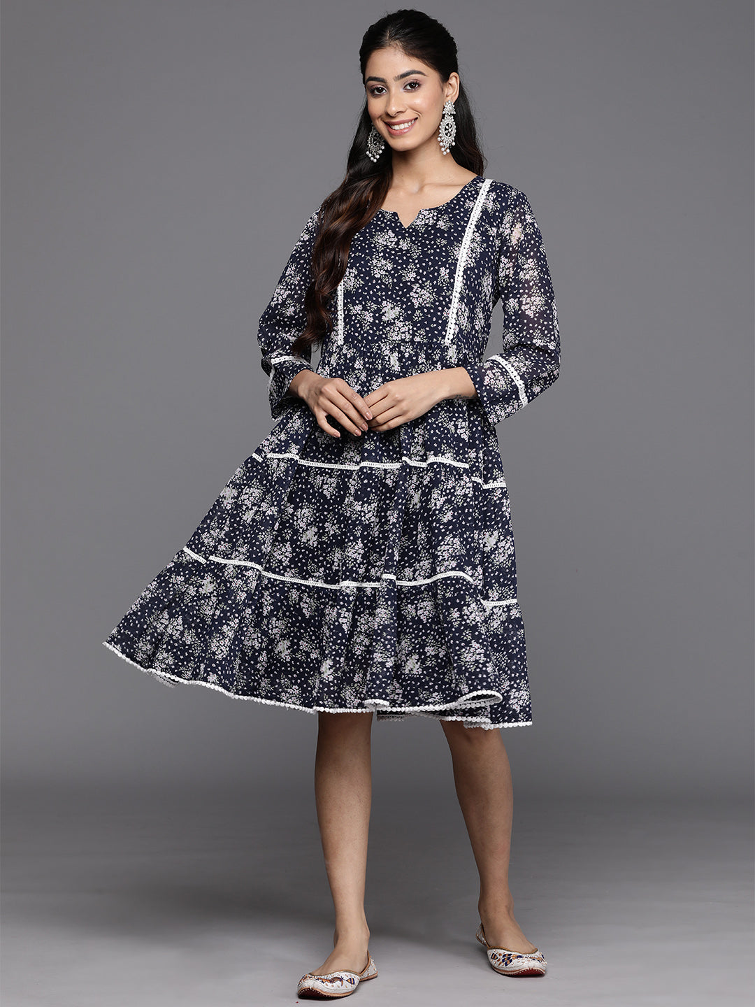 Varanga Women Navy Blue Floral Printed Tiered Dress Embellished With Kingiri Lace, Three Quarter Sleeves