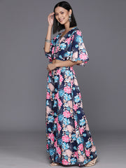 Women Blue Floral  Printed, Flared Sleeves, Front Open With Tie Up Details Crop Top Paired With Flared Bottom