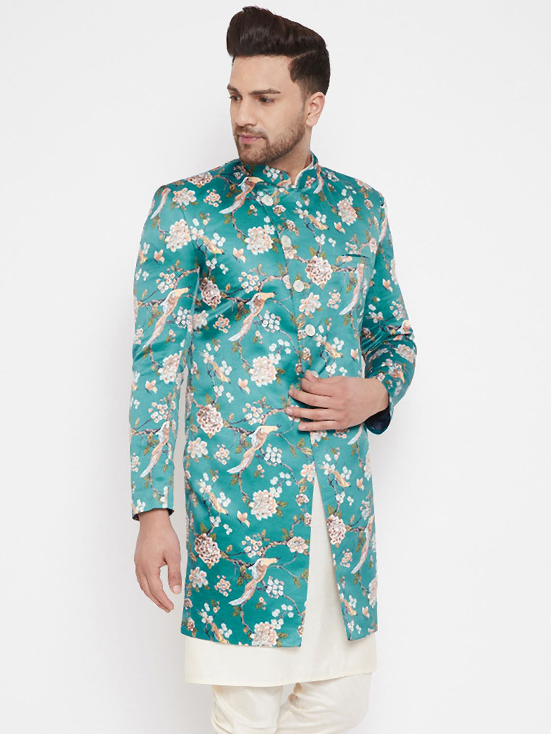 Men's Multicolor Base Blue Silk Blend Sherwani Only Top