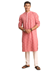 Men's Pink And White Cotton Kurta Pyjama Set