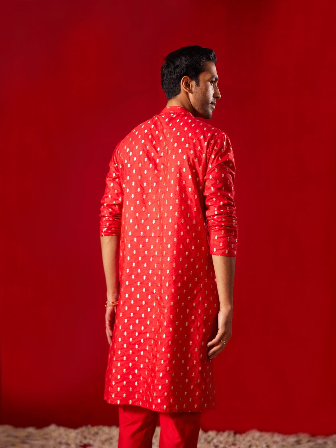 Men's Red Silk Blend Kurta Pyjama Set