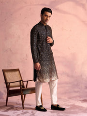 Men's Black And Cream Georgette Kurta Pyjama Set