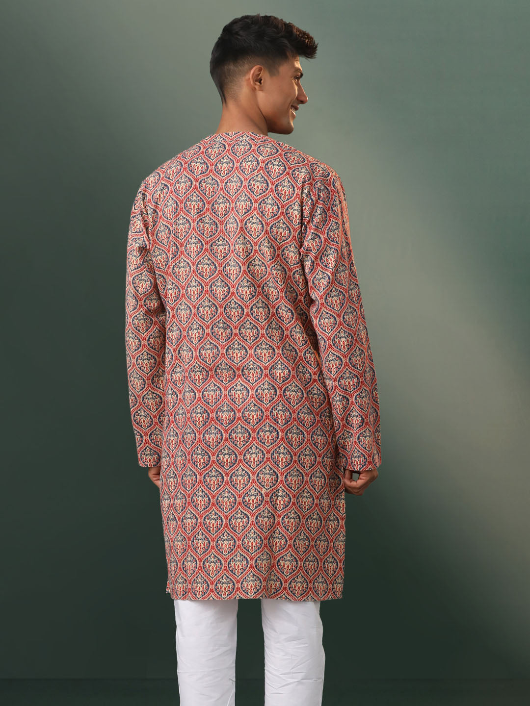 Men's Multicolor Base Red Cotton Kurta