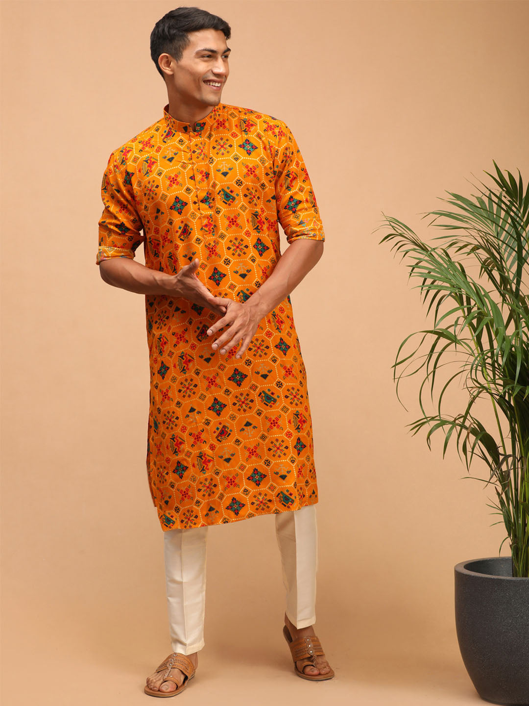 Men's Yellow Cotton Blend Kurta