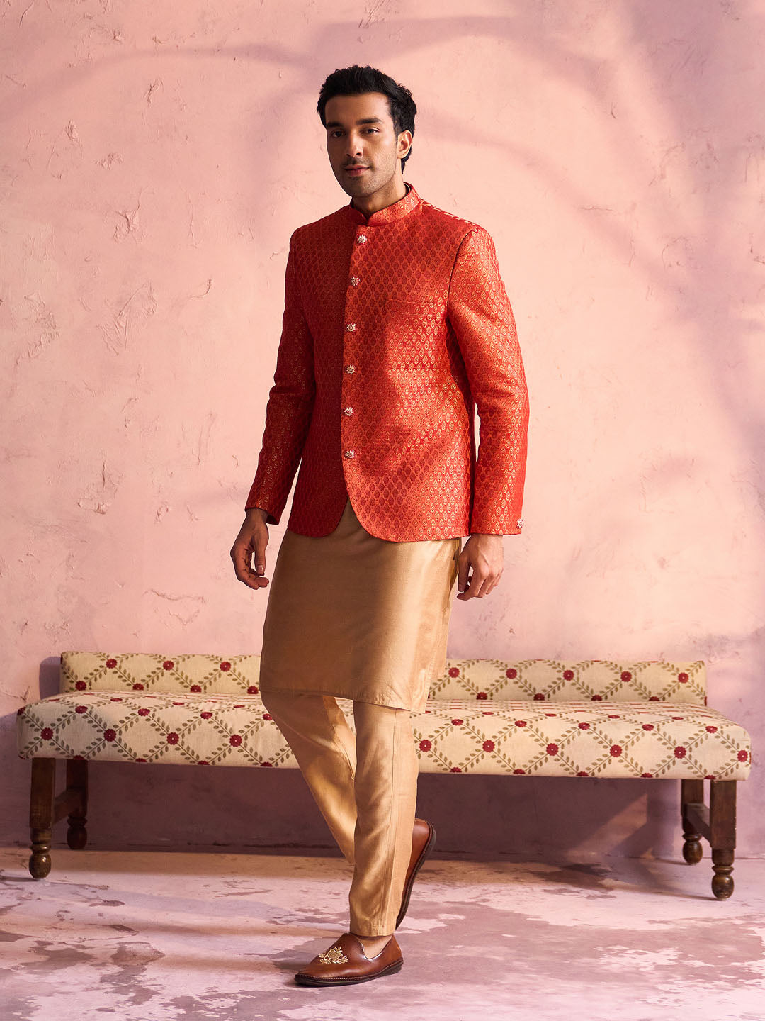 Men's Rose Gold And Red Viscose Jacket, Kurta and Pyjama Set