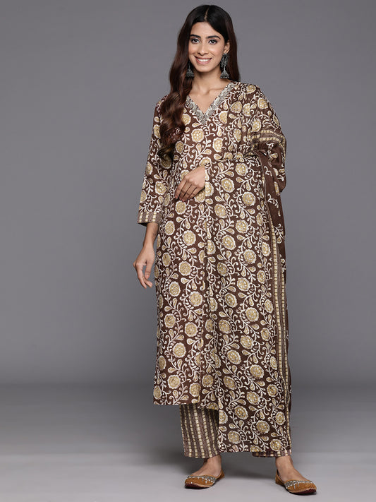 Women Brown Floral Printed Kurta Paired With Bottom & Dupatta