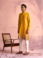 Men's Yellow And Cream Georgette Kurta Pyjama Set