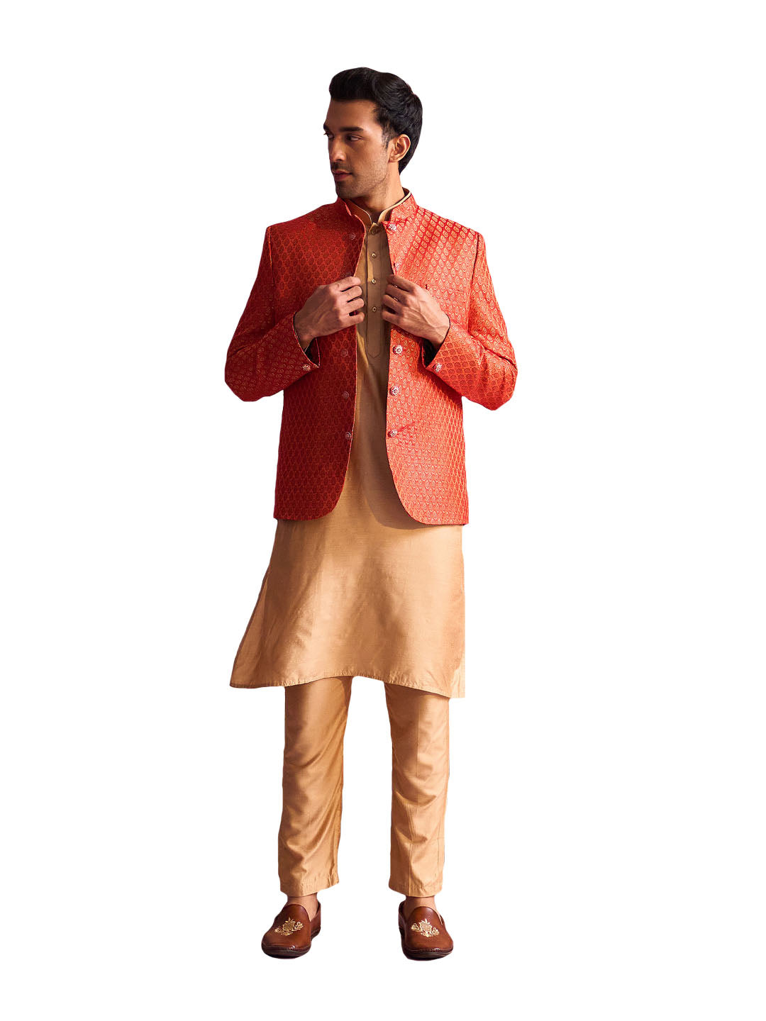 Men's Rose Gold And Red Viscose Jacket, Kurta and Pyjama Set