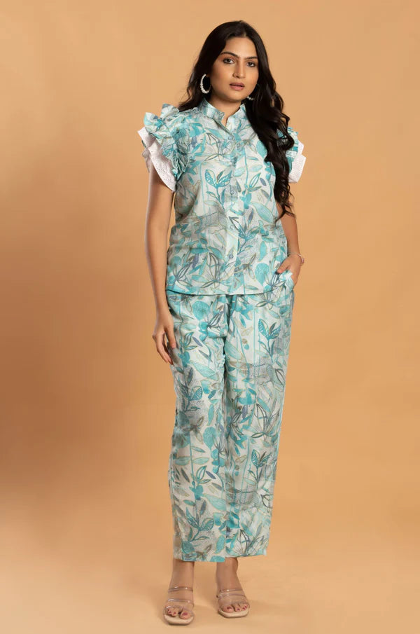 Women Stylist Floral Printed Blue Co-rd Set In Muslin