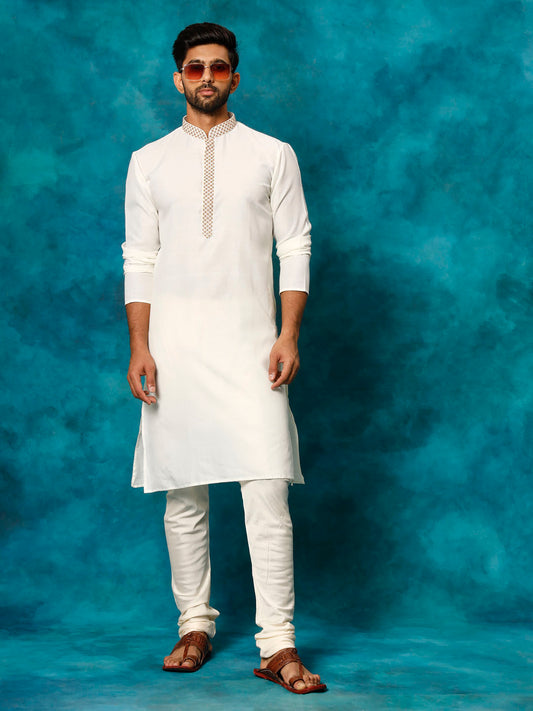 Men's Cream And Cream Cotton Blend Kurta Pyjama Set