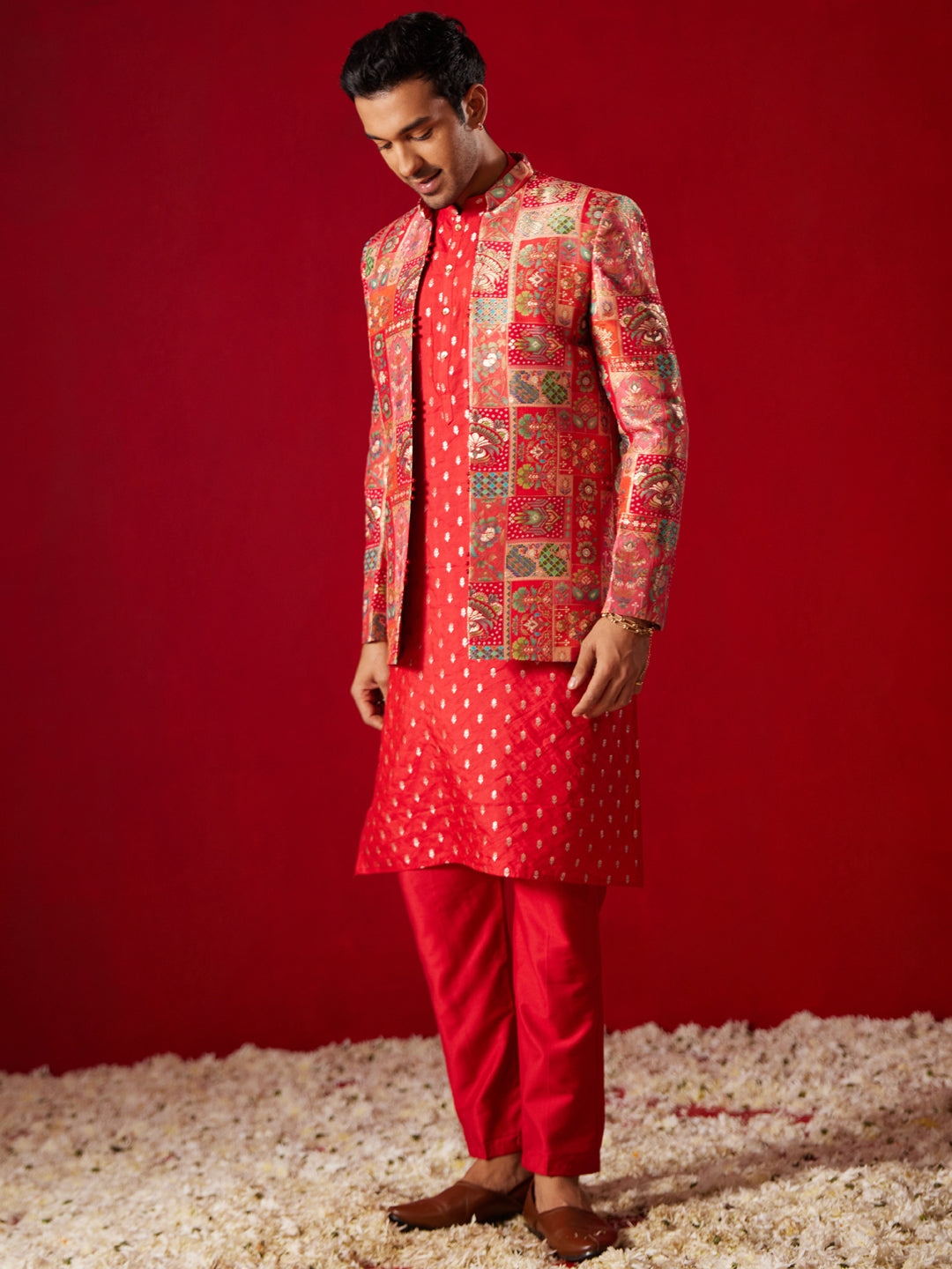 Men's Red Silk Blend Jacket, Kurta and Pyjama Set