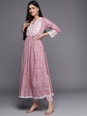 Women Mauve Printed A-Line Kurta Paired With Contrast Printed Bottom And Dupatta