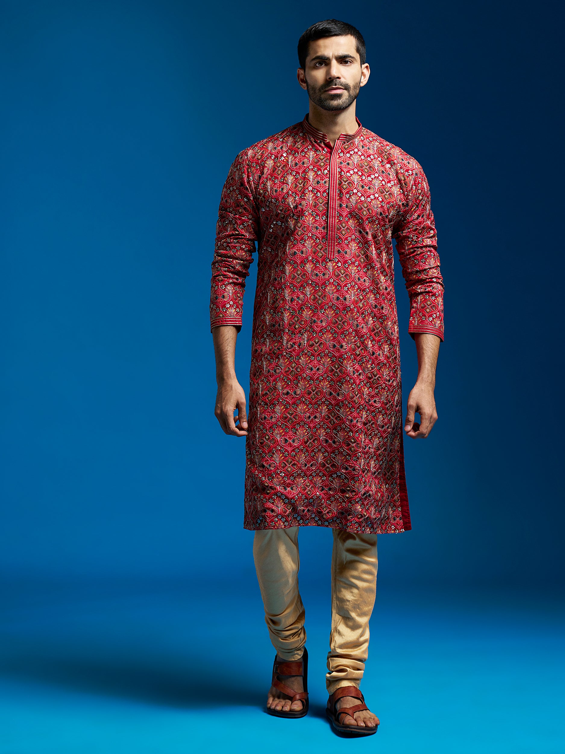 Men's Red Chinon Kurta And Pyjama Set.