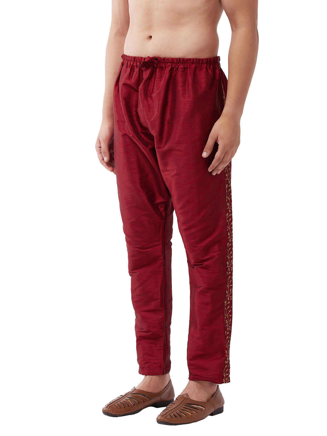 Men's Maroon Silk Blend Embroidered Pyjama