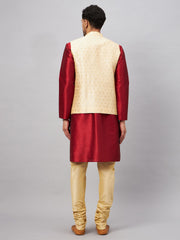 Men's Maroon And Gold Silk Blend Jacket, Kurta and Pyjama Set