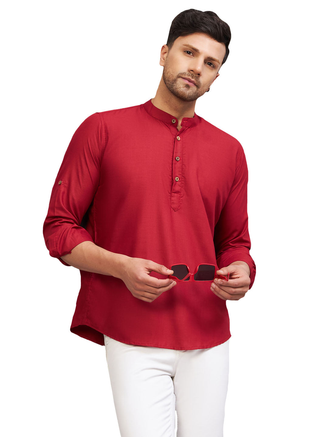 Men's Maroon Cotton Blend Kurta