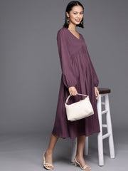 Varanga Women Mauve V-Neck, Bishop Sleeves, Gathered Details  Calf Length A-Line Dress, Flared Hem