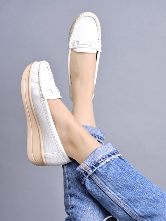 Shoetopia upper Bow Detailed White Loafers For Women & Gilrs