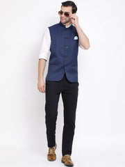 Men's Navy Blue Cotton Silk Nehru Jacket