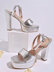 Shoetopia Casual Ankle Strap Silver Heeled Sandals For Women & Girls