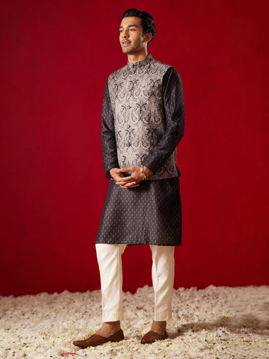 Men's Black Cotton Silk Jacket, Kurta and Pyjama Set