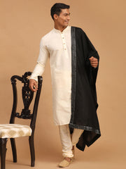 Men's Cream Viscose Kurta, Pyjama & Dupatta Set