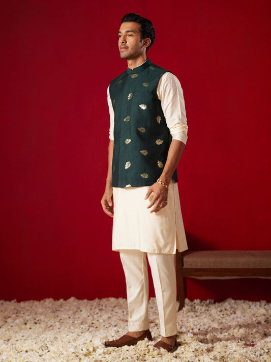 Men's Cream Viscose Jacket, Kurta and Pyjama Set