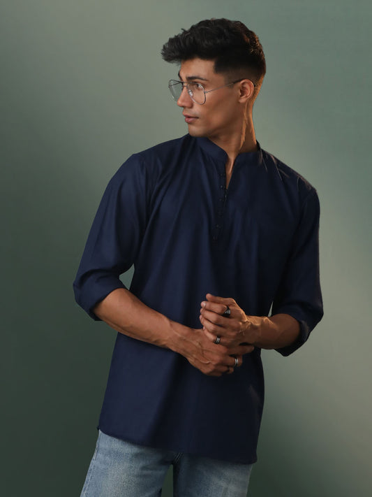 Men's Navy Blue Cotton Short Kurta