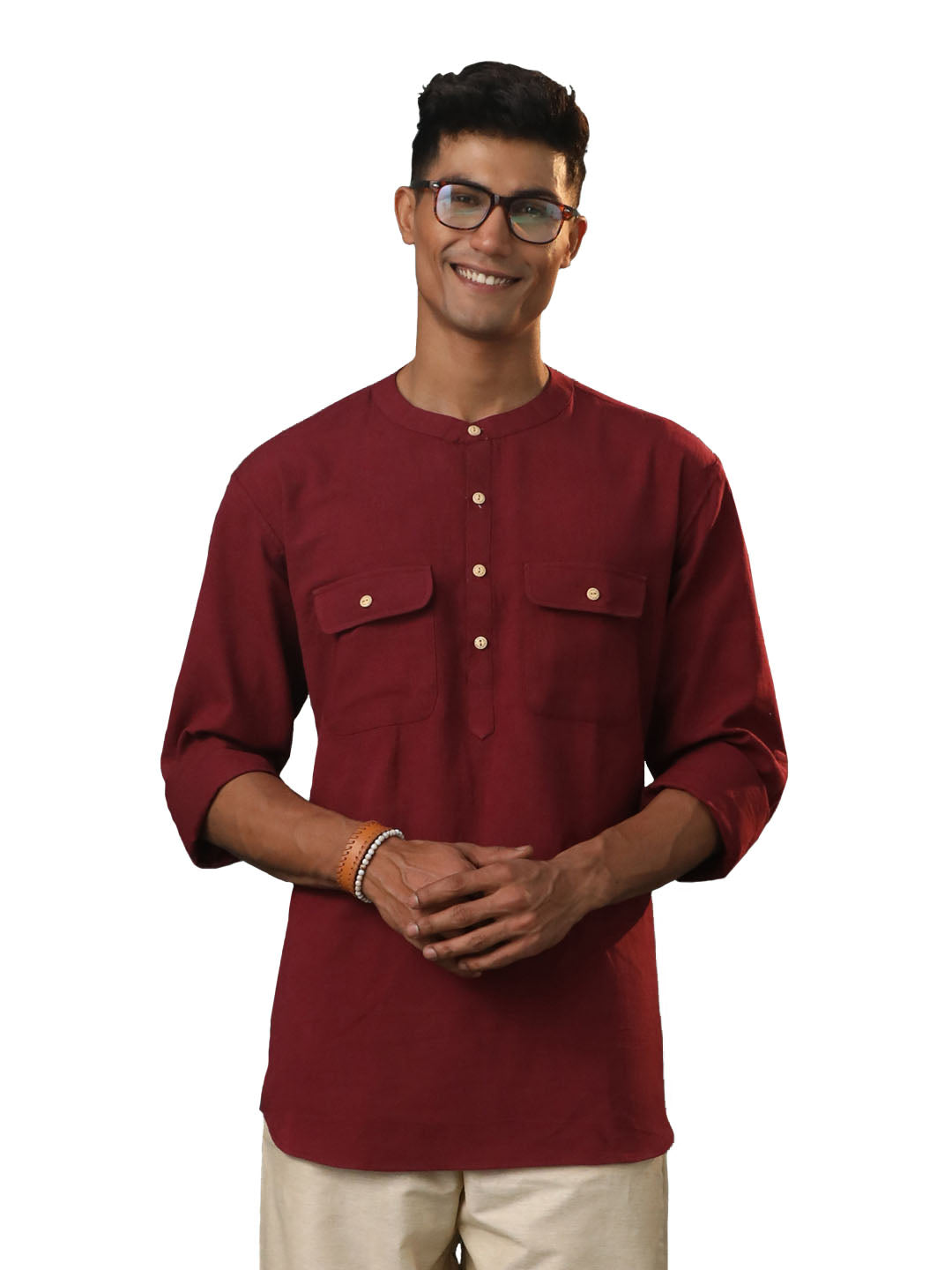 Men's Maroon Cotton Short Kurta