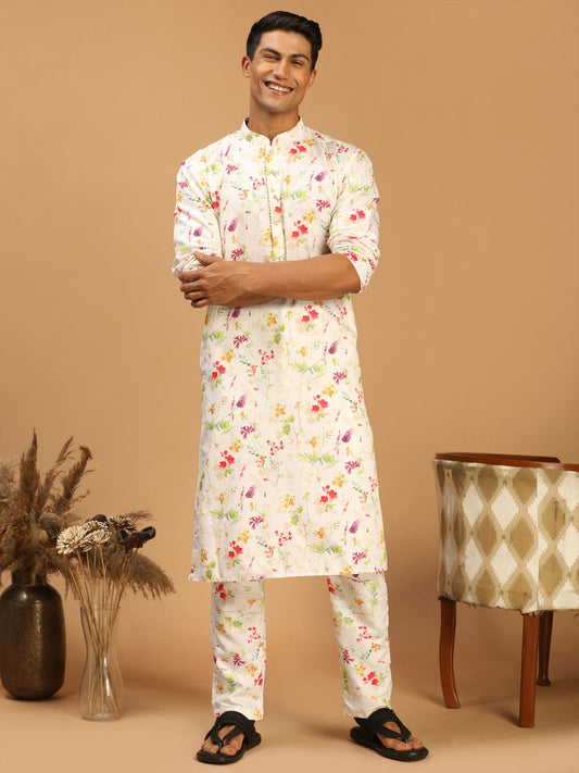 Men's Cream Cotton Blend Kurta Pyjama Set