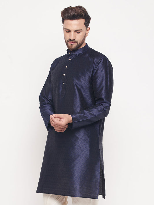 Men Navy Blue Silk Blend Kurta