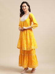 Mustard And White Bandhej Printed Flared Kurta Sharara Set With Net Embroidered Dupatta.