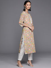 Women Grey And Green Floral Printed Straight Kurta With Printed Trouser