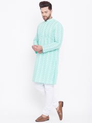 Men's Green and White Cotton Kurta Pyjama Set