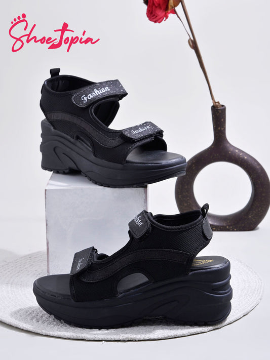 Shoetopia Comfortable  & Sporty Black Sandals For Women & Girls