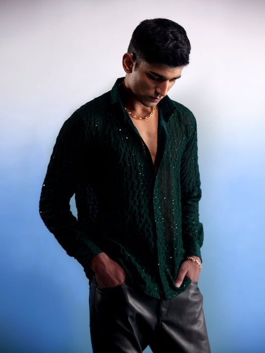 Men's Green Georgette Ethnic Shirt