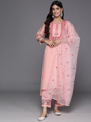 Women Peach Embroidered Straight Kurta Paired With Tonal Bottom And Organza Embroidered Dupatta