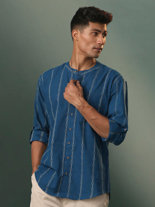 Men's Blue Cotton Ethnic Shirt